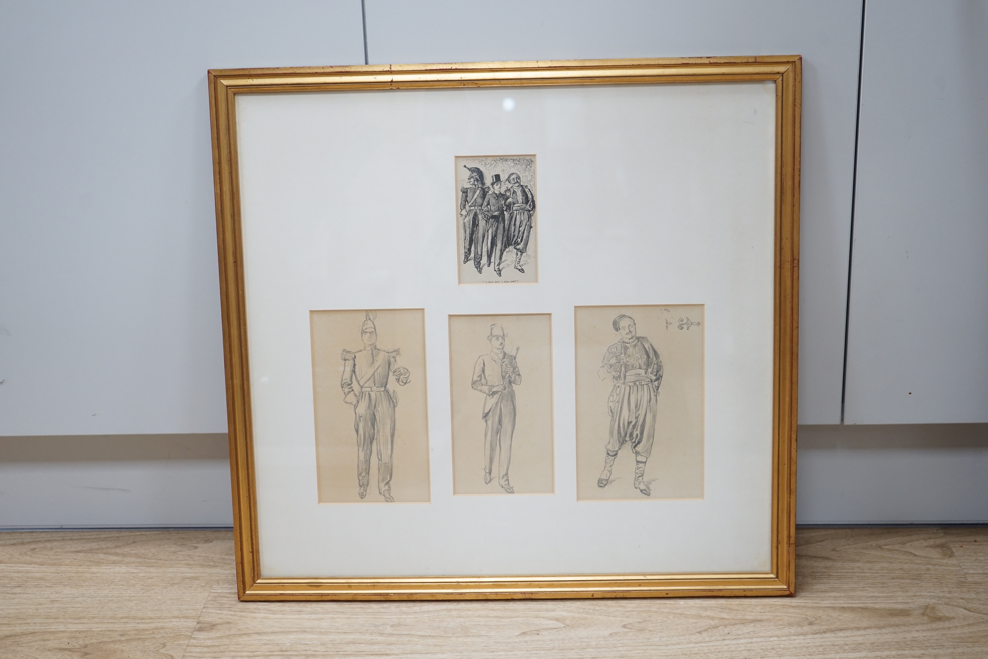 George du Maurier (1834-1896), three pencil sketches for a pen and ink illustration, 'I will not! I will not'; Guardsman, Gentleman and Turk, largest 21 x 13cm